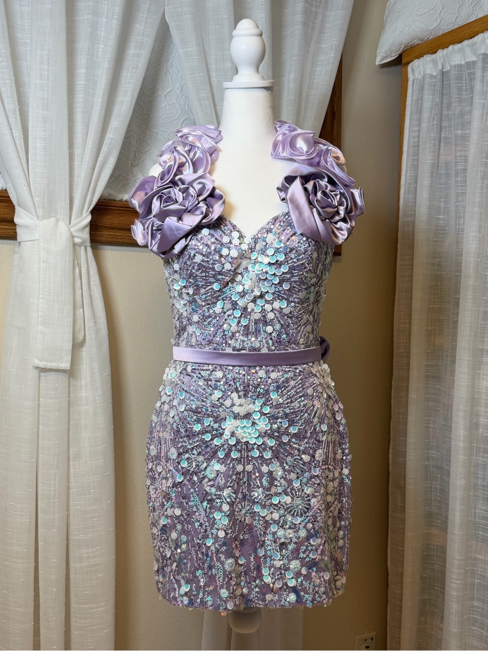 Lavender Sequined Cocktail Dress with Rosette Shoulders